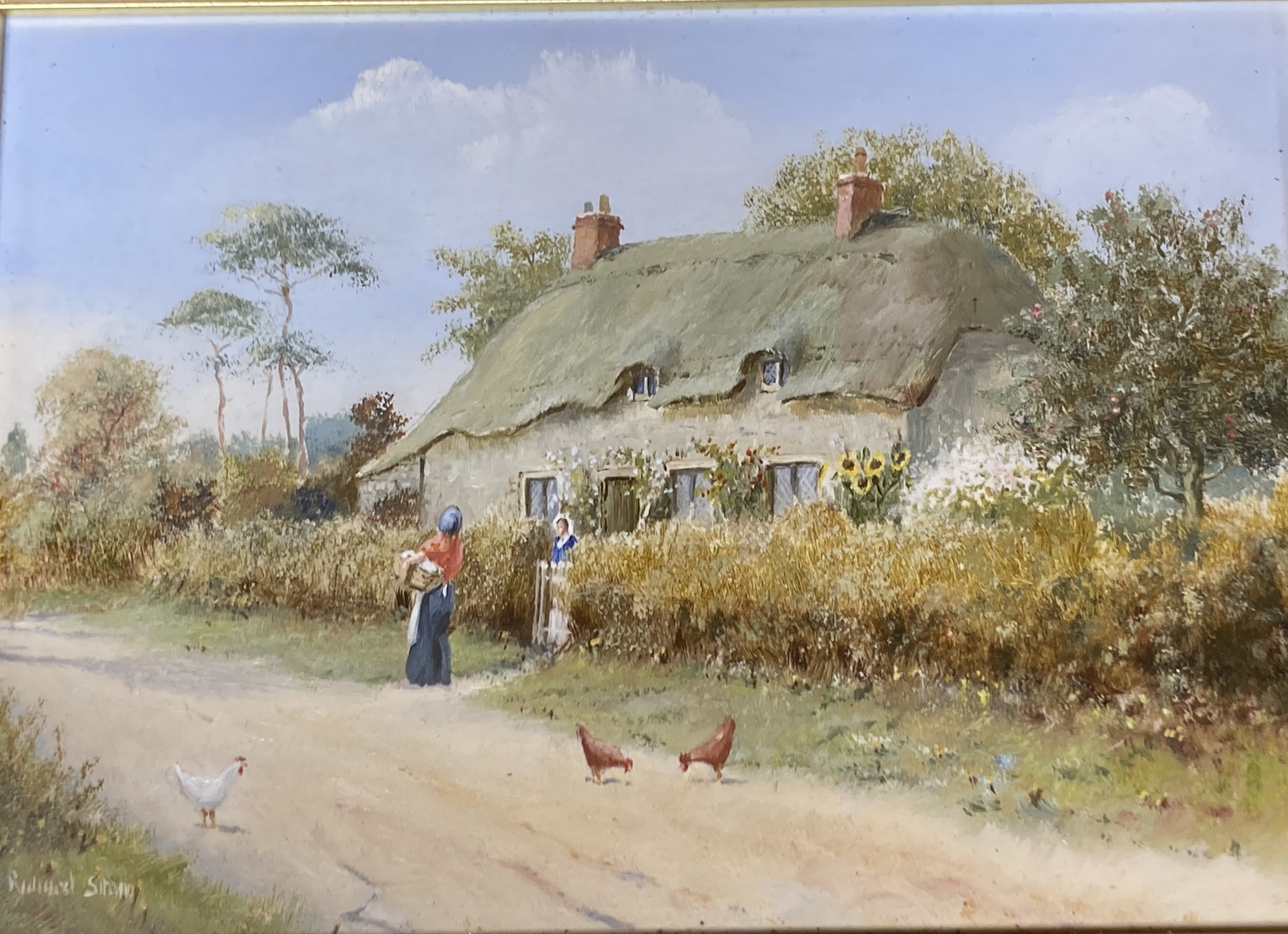 Richard Rhead Simm (b.1926), oil on panel, Figures beside a thatched cottage, signed, 12 x 17cm